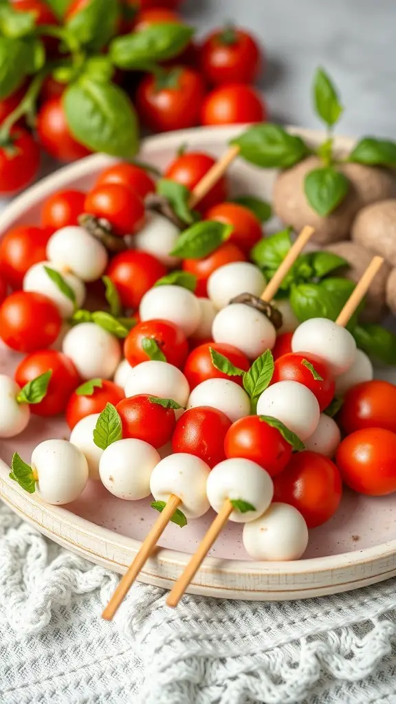 A plate of Mini Caprese skewers with cherry tomatoes, mozzarella balls, and basil leaves.