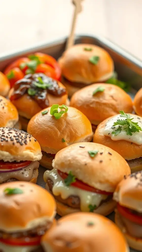 A tray of mini sliders with various toppings, including cheese, tomatoes, and sauces.
