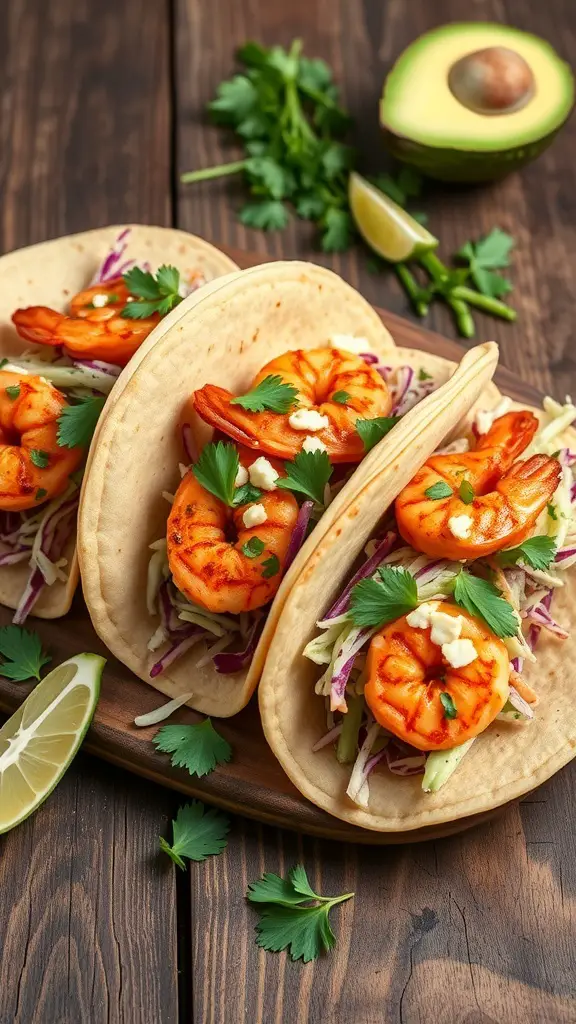 Three spicy shrimp tacos with cabbage and cilantro on a wooden platter, with lime and avocado in the background.