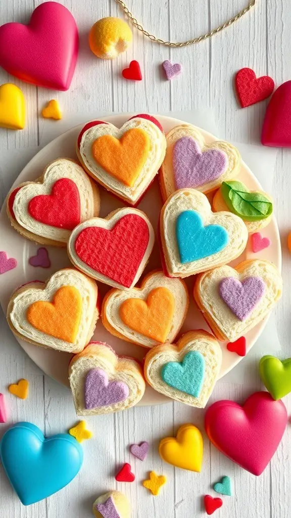 A plate of heart-shaped sandwiches in various colors, surrounded by colorful heart-shaped decorations.