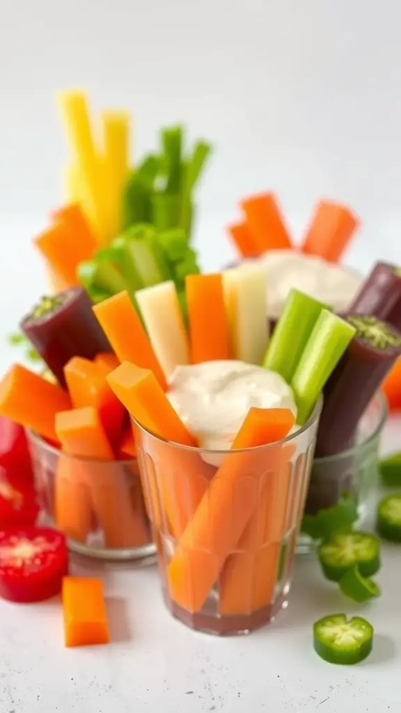 Colorful cups filled with fresh vegetable sticks like carrots, celery, and bell peppers, with a dip on top.