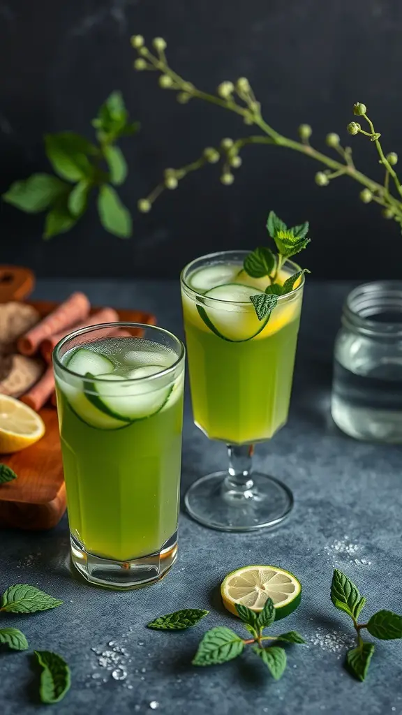Two refreshing green beverages with mint and cucumber garnishes