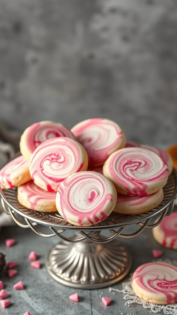 A plate of marbled sugar cookies with pink and white swirls, perfect for Valentine's Day.