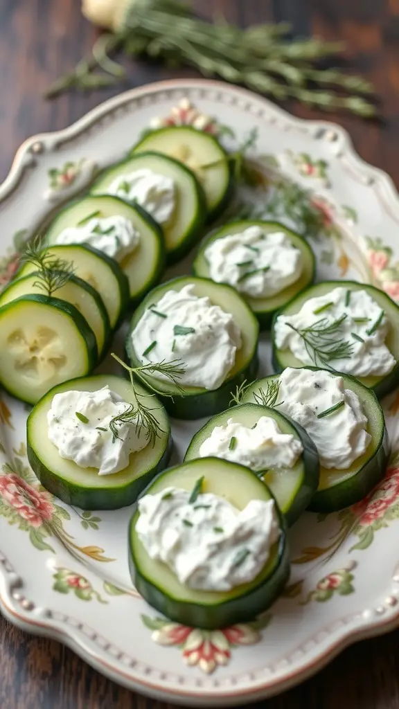 A platter of cucumber slices topped with cream cheese and dill.