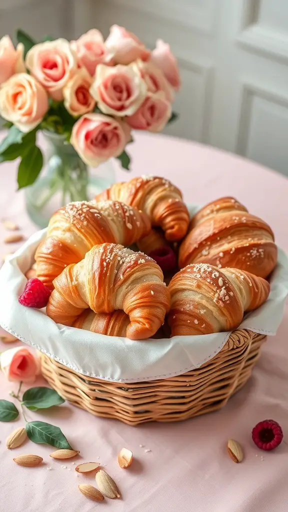 A basket of raspberry almond croissants with fresh raspberries and almonds, surrounded by pink roses.
