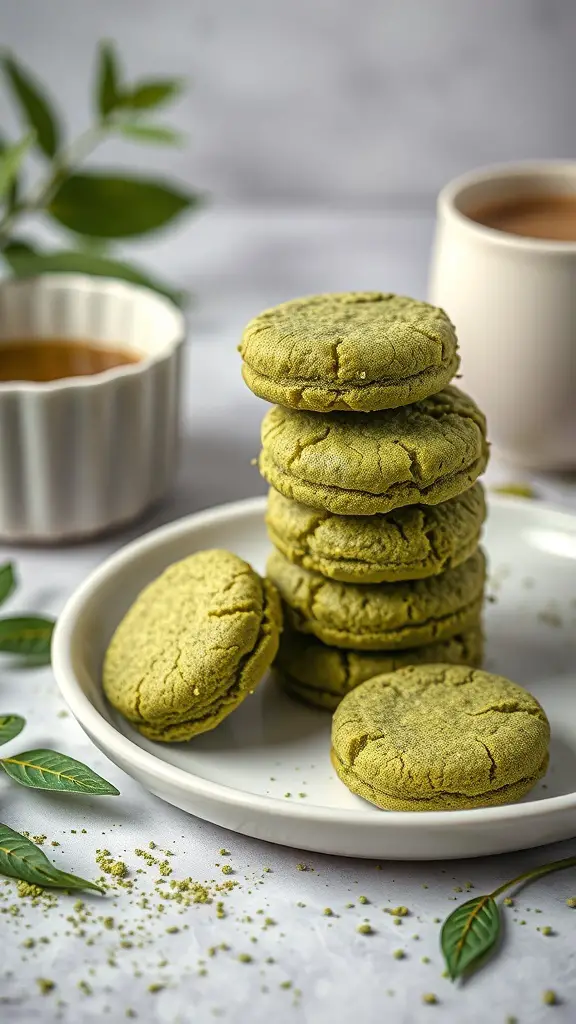 A plate of matcha green tea cookies stacked with a cup of tea in the background