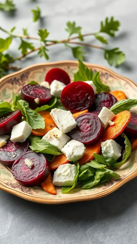 A plate of roasted beet and goat cheese salad with greens and carrots.