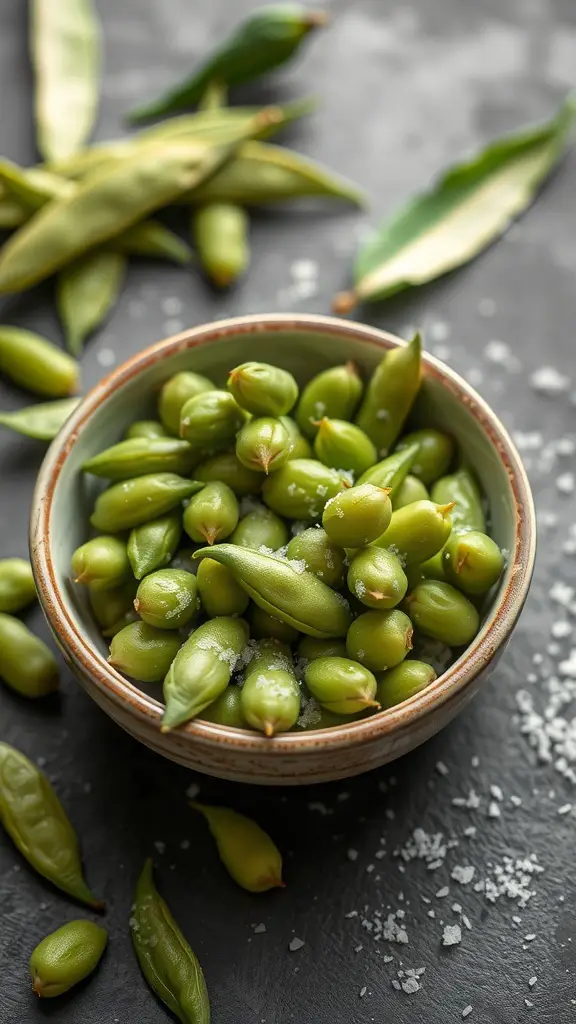 A bowl of edamame with sea salt surrounded by edamame pods on a dark surface.