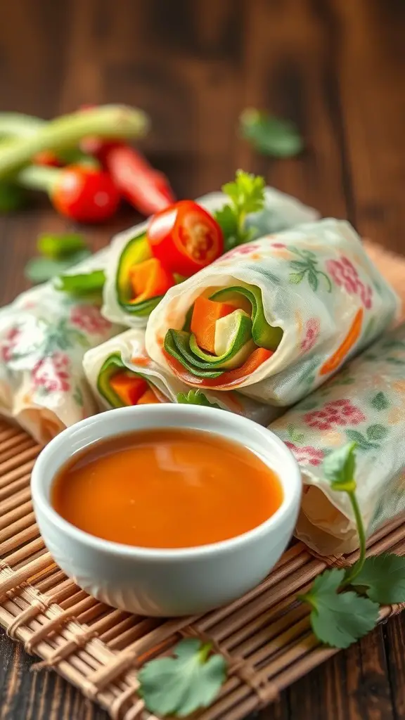 Colorful spring vegetable spring rolls on a bamboo mat with a bowl of dipping sauce