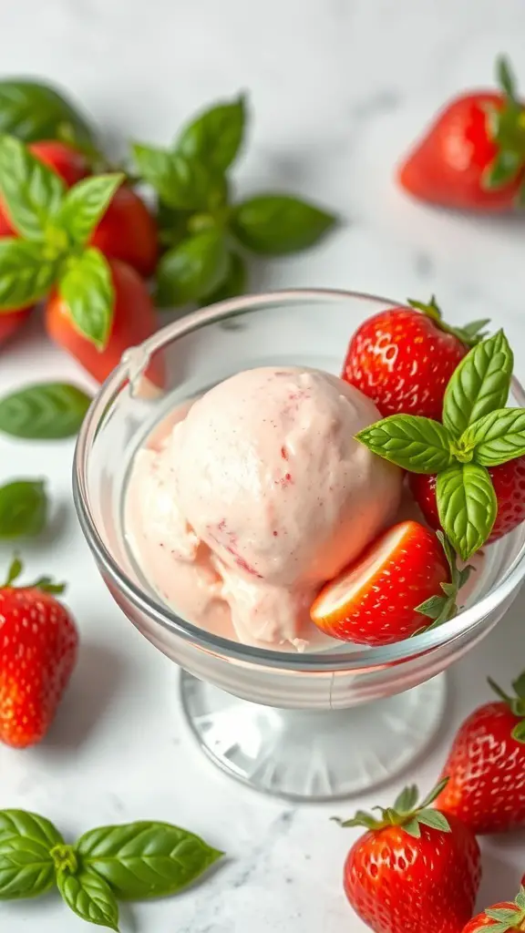 A bowl of strawberry basil sorbet garnished with fresh strawberries and basil leaves.