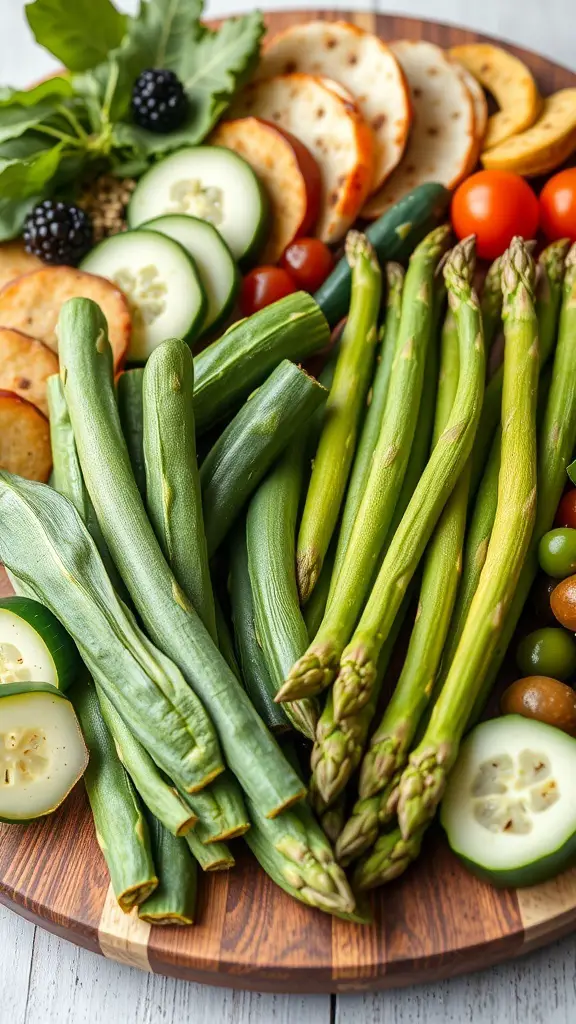 A green charcuterie board featuring seasonal vegetables like asparagus, green beans, cucumbers, and cherry tomatoes.