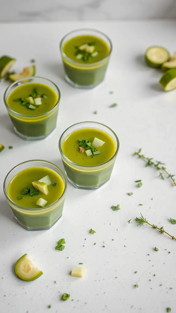 Green gazpacho shots in small glasses with cucumber and herbs on top
