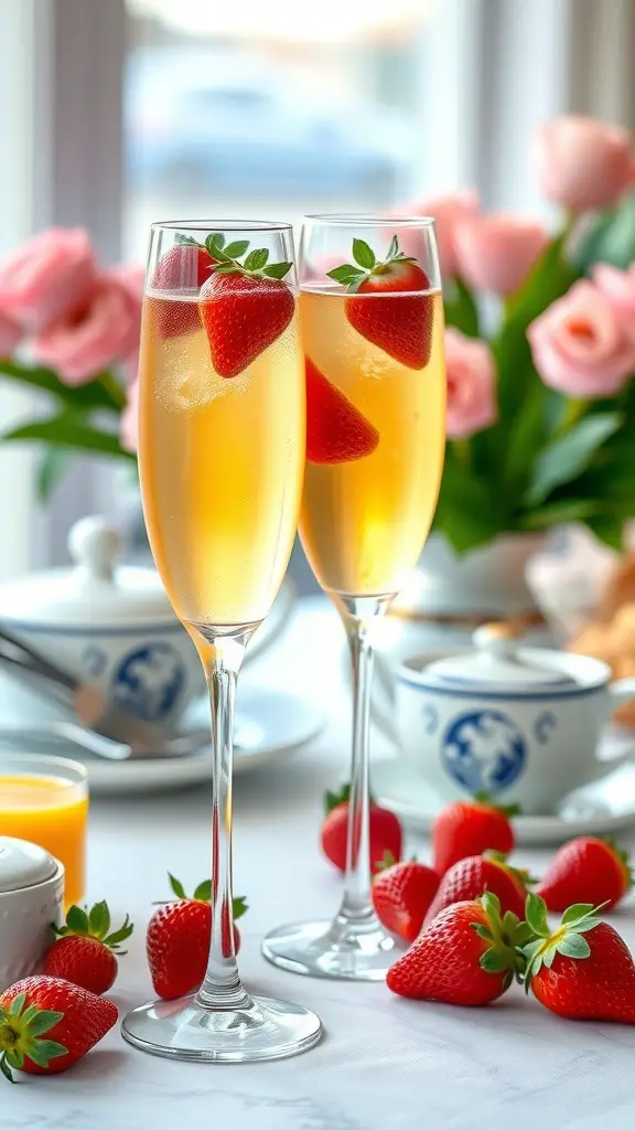 Two glasses of mimosas with fresh strawberries, surrounded by strawberries and flowers on a breakfast table.