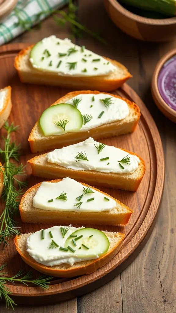Cucumber sandwiches with cream cheese on a wooden platter, garnished with herbs
