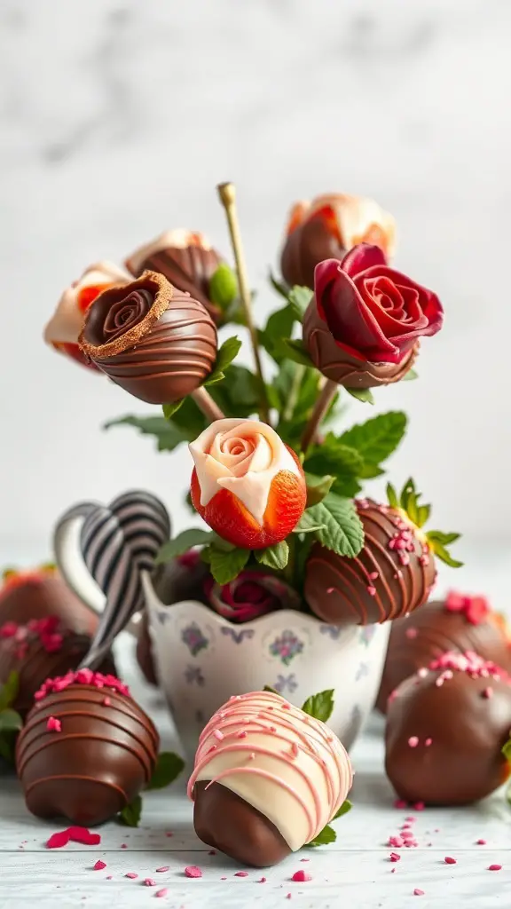 Chocolate-covered strawberries arranged like roses in a decorative vase