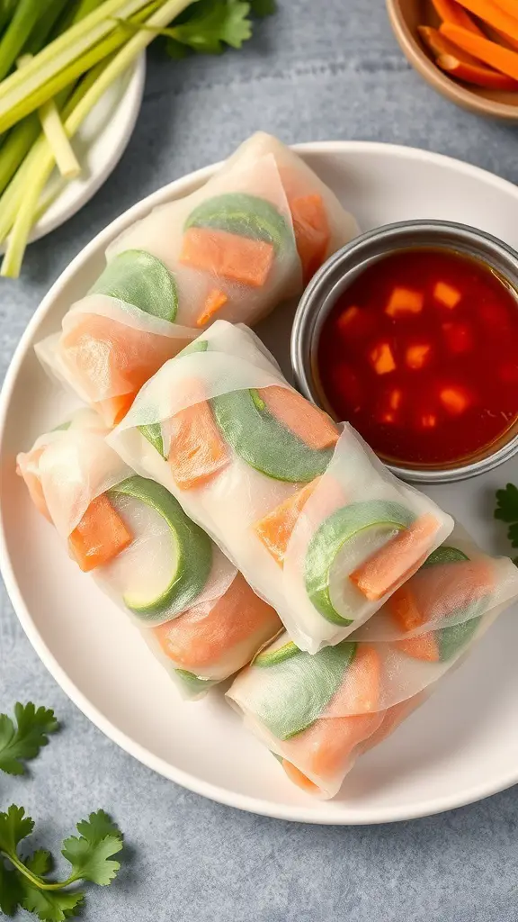 A plate of vegetable spring rolls with a dipping sauce, featuring colorful veggies like carrots and cucumbers.