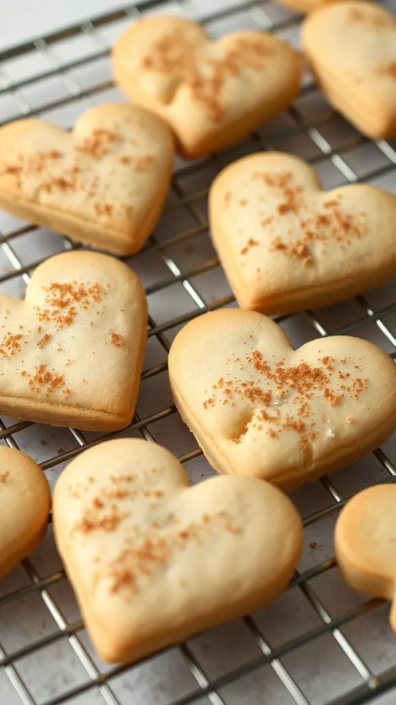 Heart-shaped cinnamon sugar cookies on a cooling rack