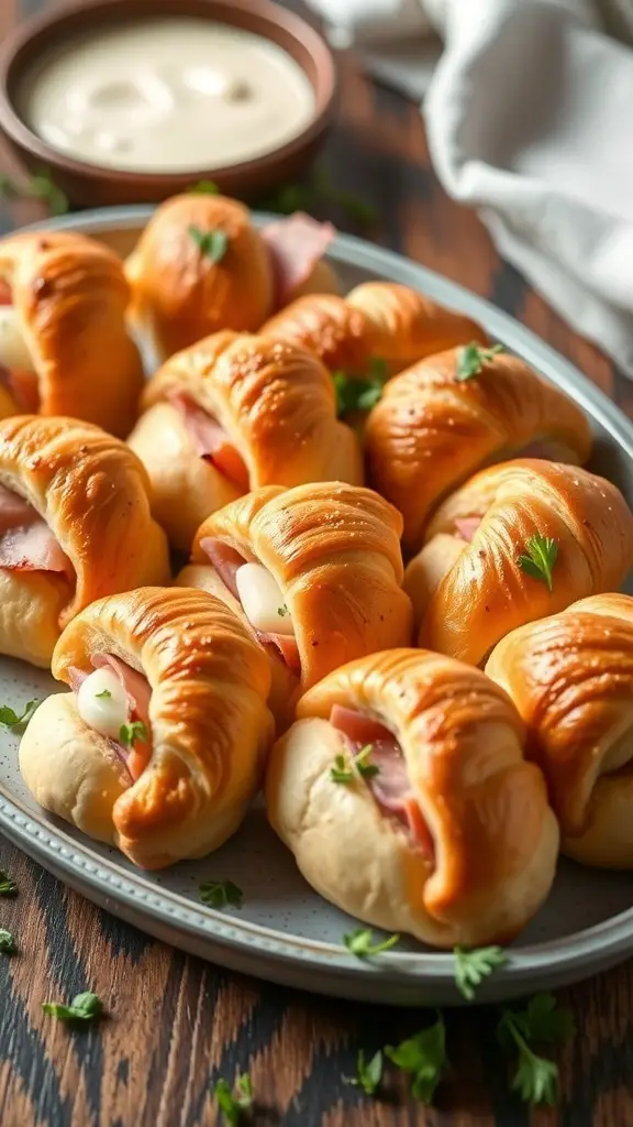 A platter of mini croissant sandwiches filled with ham and cheese, garnished with parsley, served with a creamy dip.