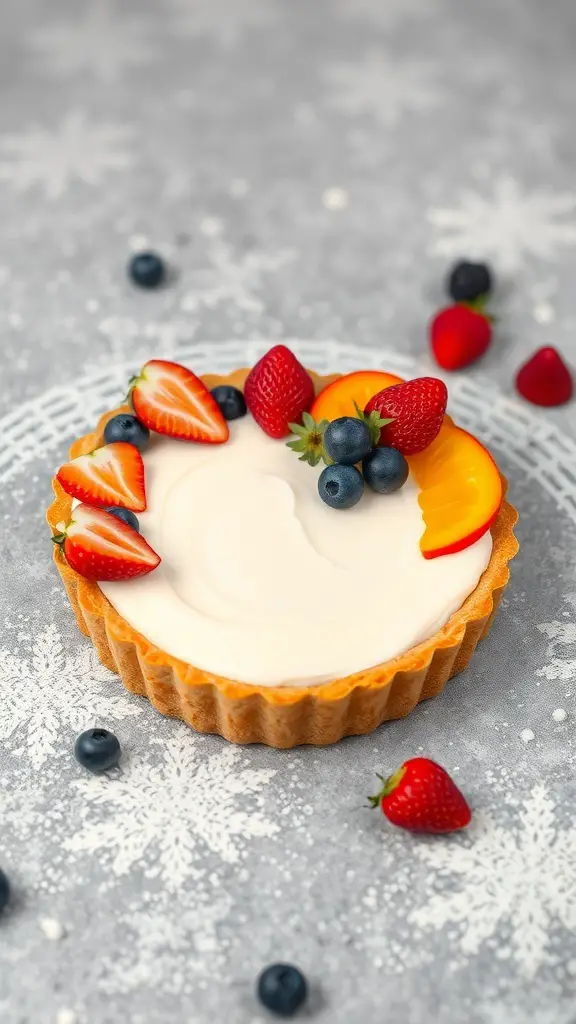 A Sweetheart Fruit Tart topped with strawberries, blueberries, and peaches on a light background.
