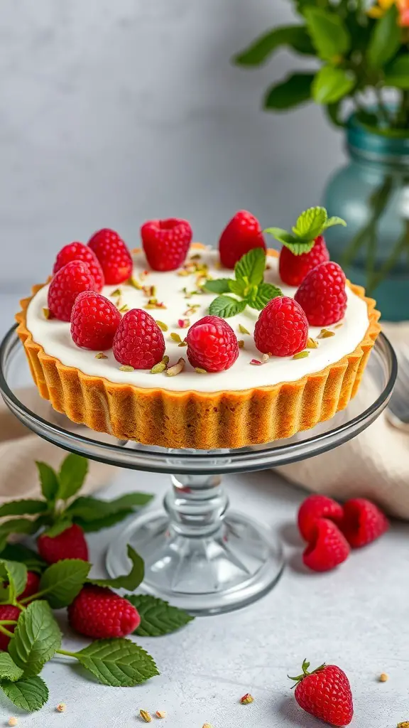 A beautiful pistachio and raspberry tart topped with fresh raspberries and mint leaves, displayed on a glass cake stand.
