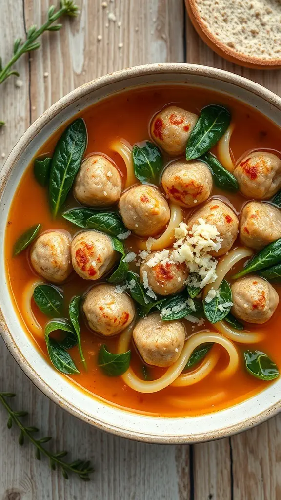 A bowl of Italian Wedding Soup with meatballs, spinach, and pasta, garnished with cheese.