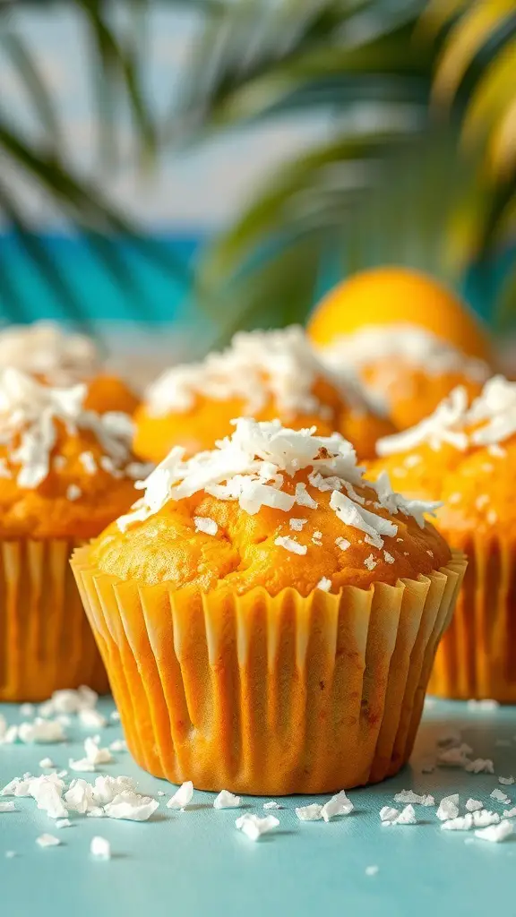 Mango Coconut Muffins topped with shredded coconut, set against a tropical background.