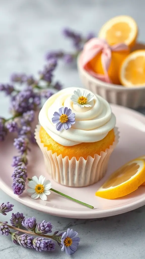 Lavender lemonade cupcake with frosting and flowers, alongside lemon slices