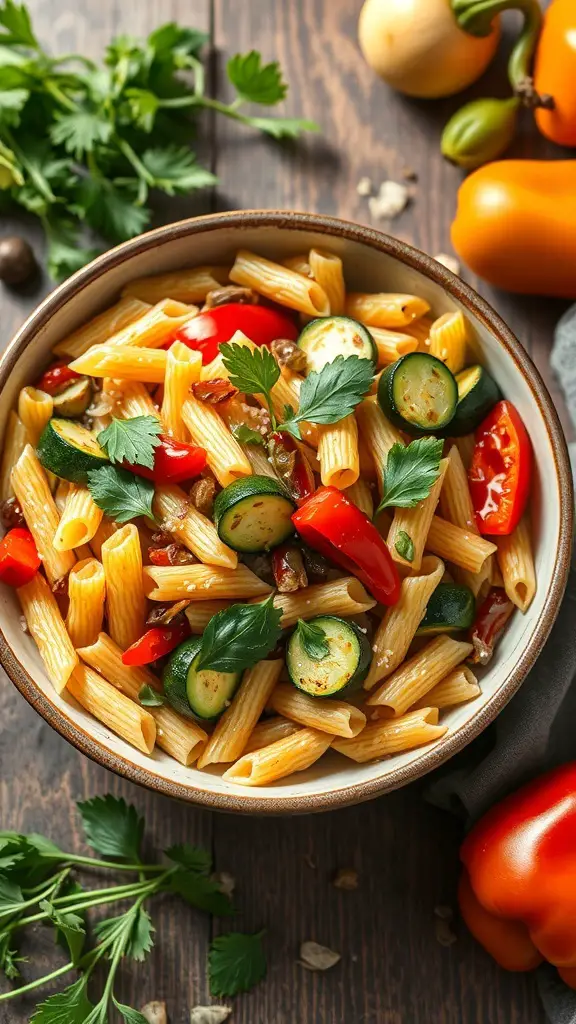 A bowl of roasted vegetable pasta salad with colorful vegetables and herbs.