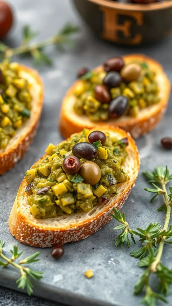 Crostini topped with green olive tapenade and garnished with olives