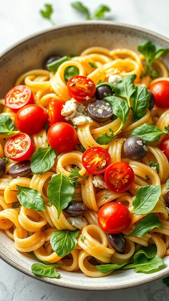 A bowl of Pesto Pasta Salad with cherry tomatoes, olives, and fresh basil.