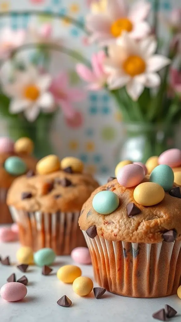 Chocolate chip muffins topped with colorful Easter eggs and chocolate chips, with flowers in the background.