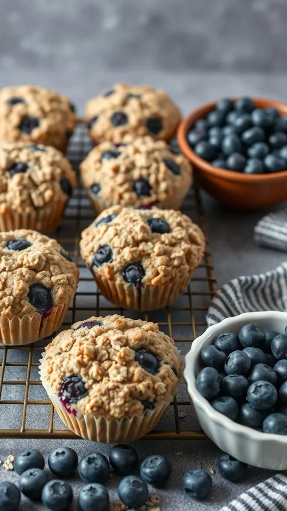 Freshly baked blueberry oatmeal muffins on a cooling rack with a bowl of blueberries
