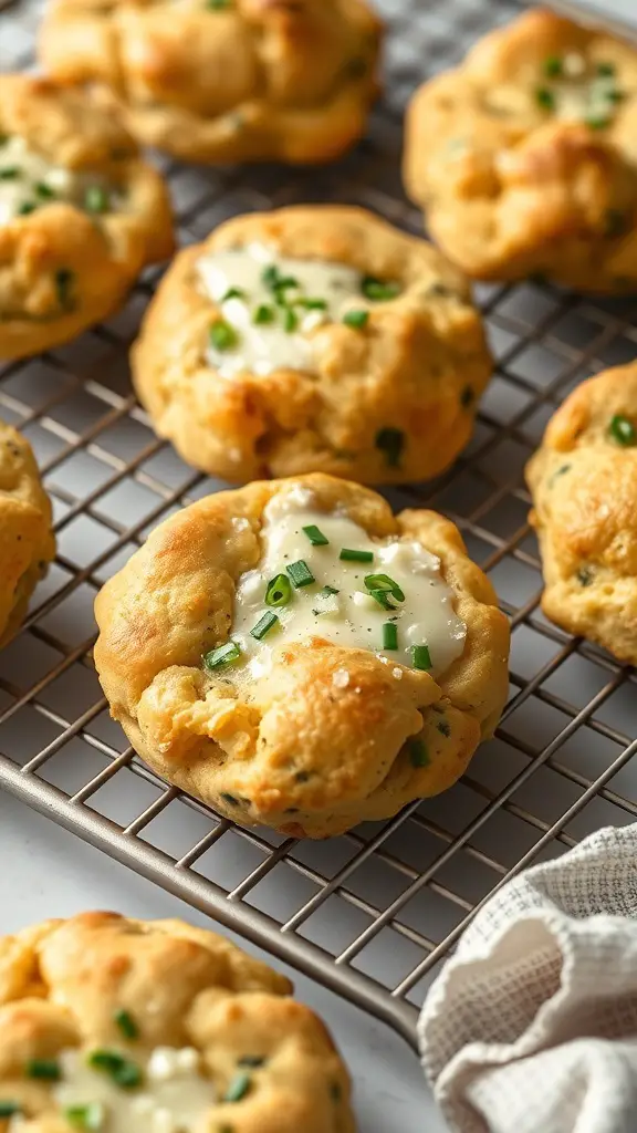 Savory scones topped with cheese and chives on a cooling rack