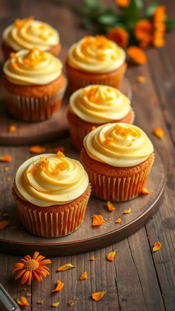 Marigold cupcakes with citrus zest, featuring yellow frosting and marigold petals on top.