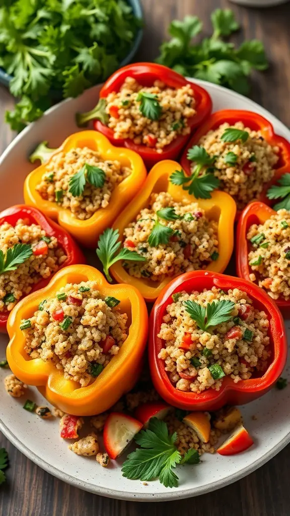 Colorful stuffed bell peppers filled with quinoa and vegetables, garnished with parsley.