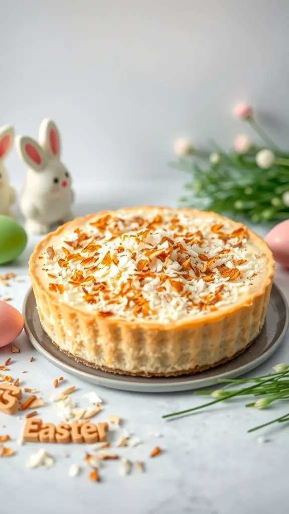 A Coconut Cream Easter Pie topped with toasted coconut, surrounded by Easter decorations.