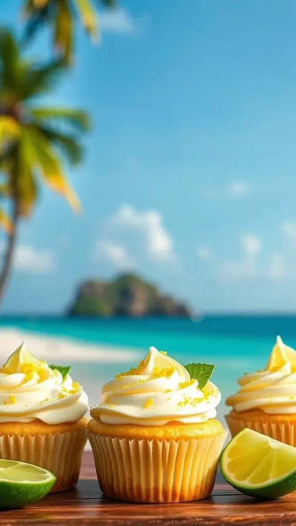 Key lime pie cupcakes with lime slices on a beach background