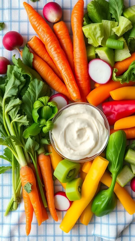 A vibrant spring vegetable platter featuring carrots, radishes, celery, bell peppers, and a creamy dip.