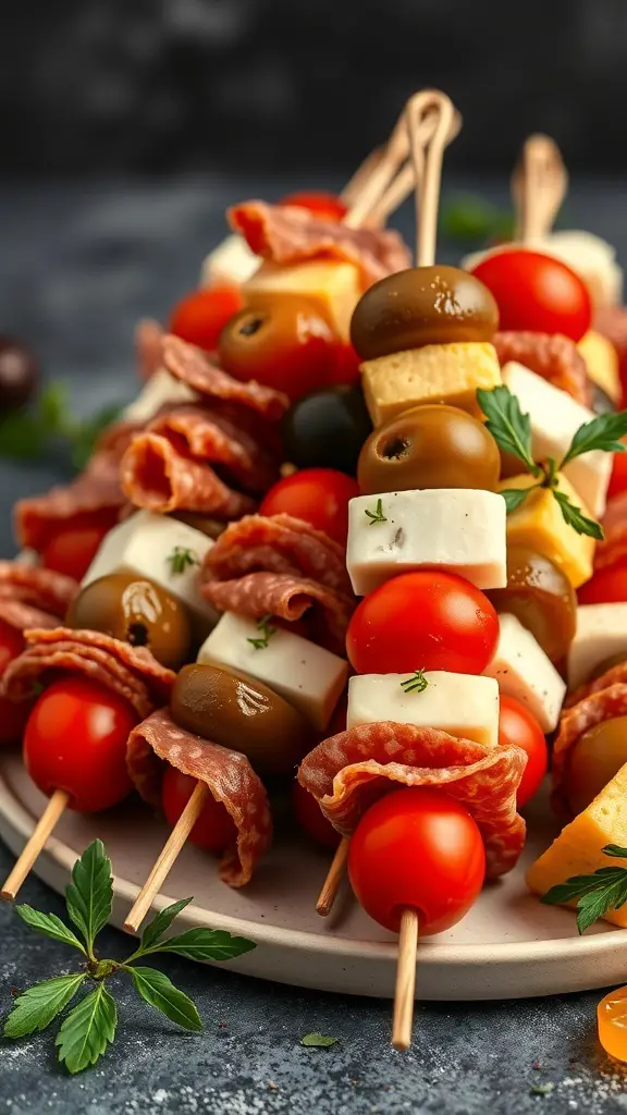 A plate of antipasto skewers with salami, cheese, olives, and cherry tomatoes.