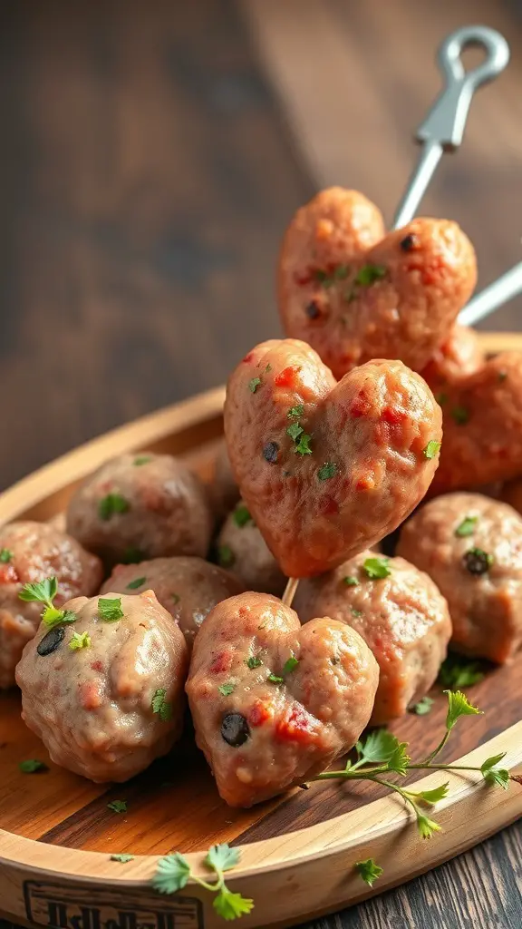 A platter of heart-shaped meatballs on skewers, garnished with herbs.