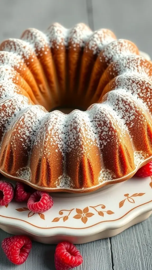 A beautifully baked Raspberry Almond Bundt Cake dusted with powdered sugar, surrounded by fresh raspberries.