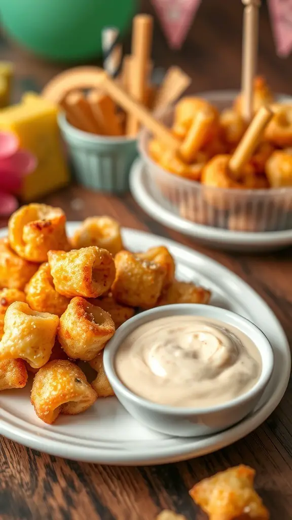 Plate of cheesy macaroni bites with dipping sauce