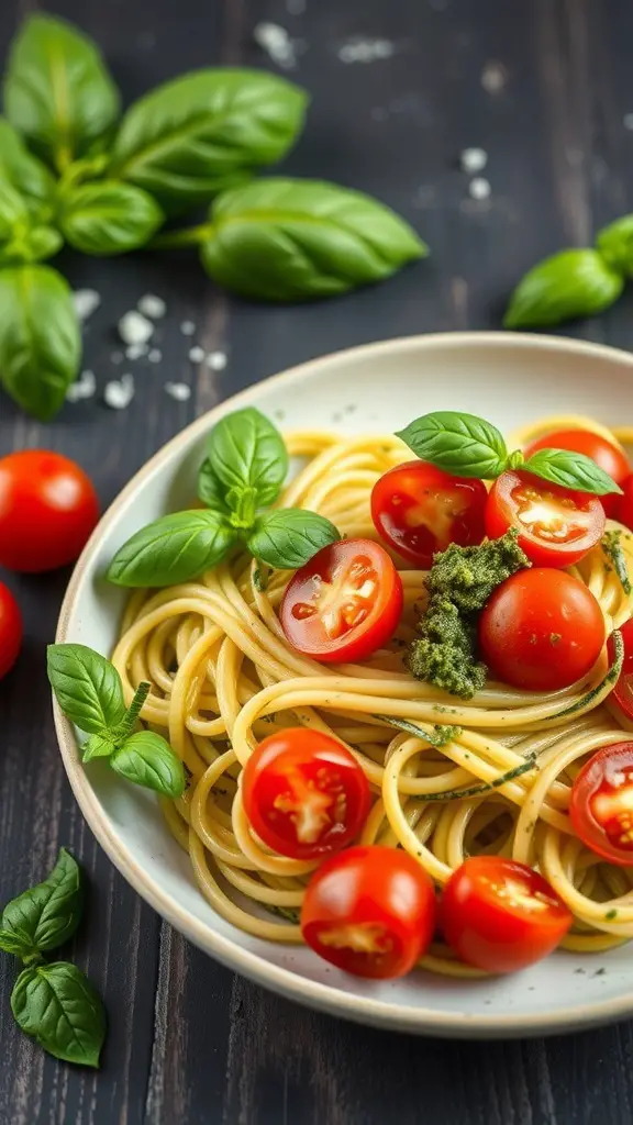 A bowl of zucchini noodles with pesto, topped with cherry tomatoes and fresh basil.