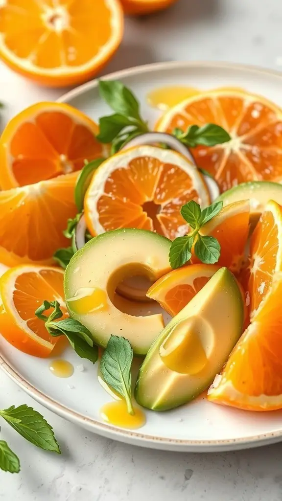 A colorful Citrus and Avocado Salad featuring sliced oranges and avocados garnished with mint leaves.