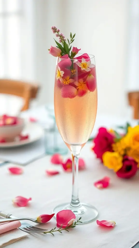 A glass of rose petal infused mimosa garnished with flowers and rose petals, set on a brunch table.