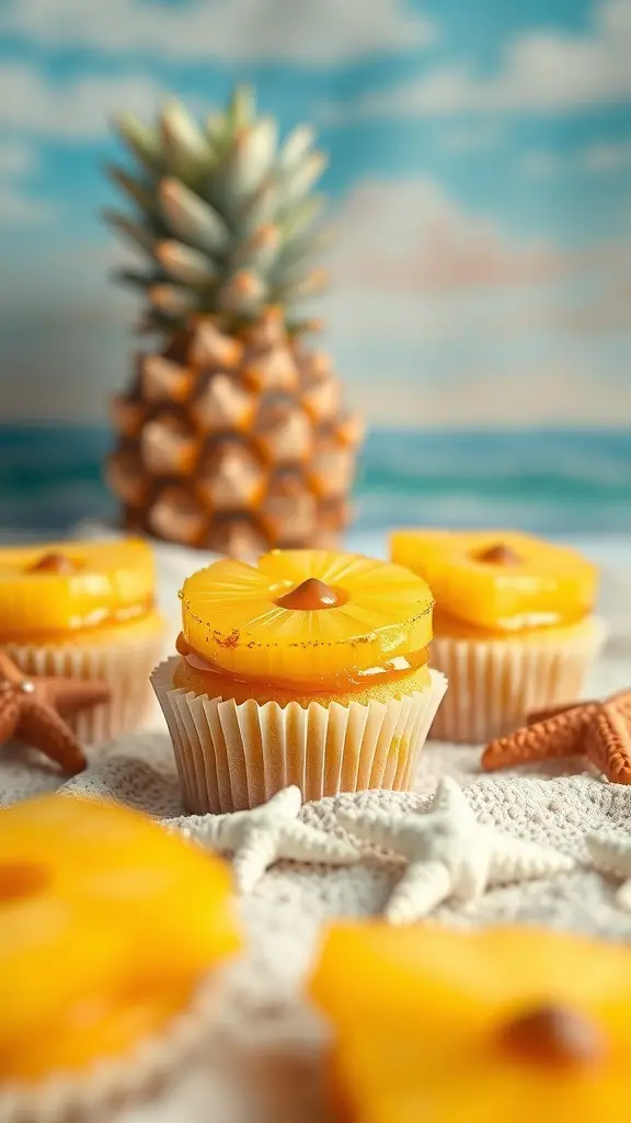 Pineapple upside-down cupcakes with a pineapple in the background