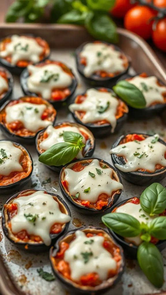 Baked eggplant slices topped with tomato sauce and cheese, garnished with basil