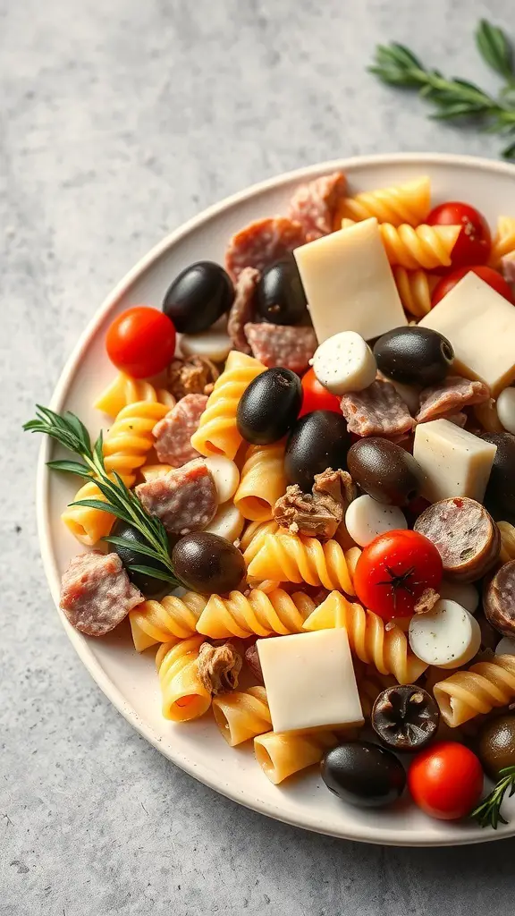 A plate of Italian Antipasto Pasta Salad with pasta, olives, tomatoes, cheese, and salami.