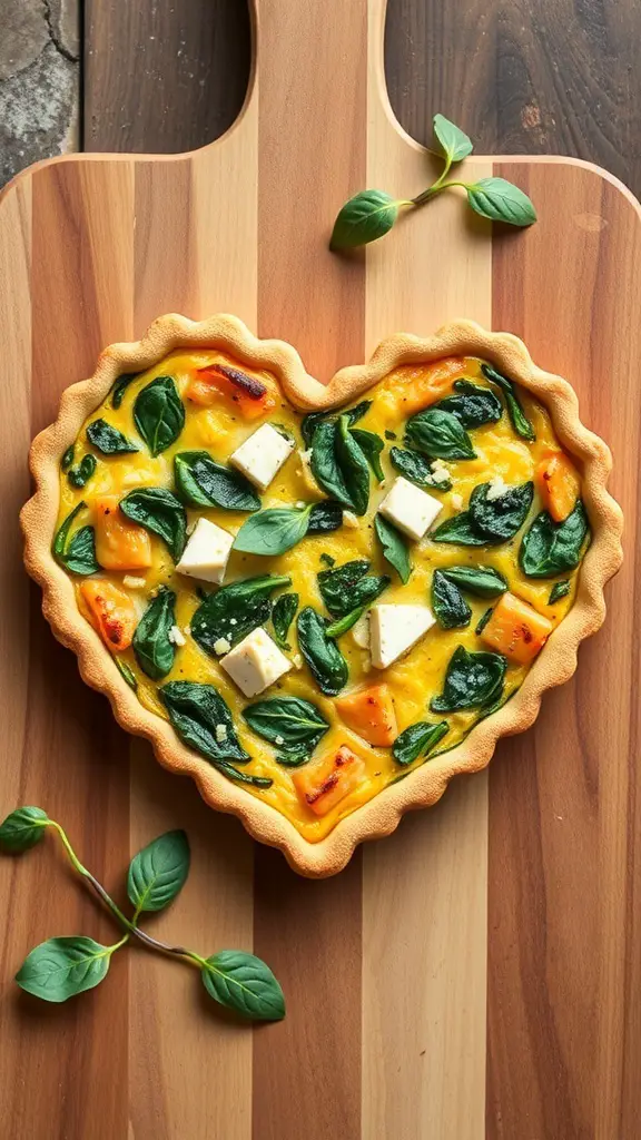 Heart-shaped quiche with spinach and feta on a wooden cutting board