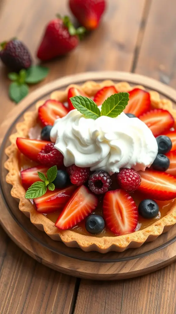A fresh fruit tart topped with whipped cream, strawberries, blueberries, and raspberries on a wooden table.